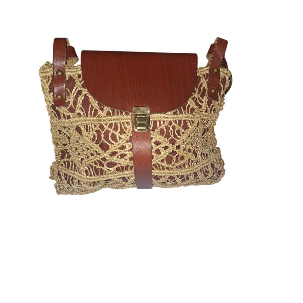 Vintage‎ Macrame and Leather 70s Shoulder Handbag Boho Natural Coachella